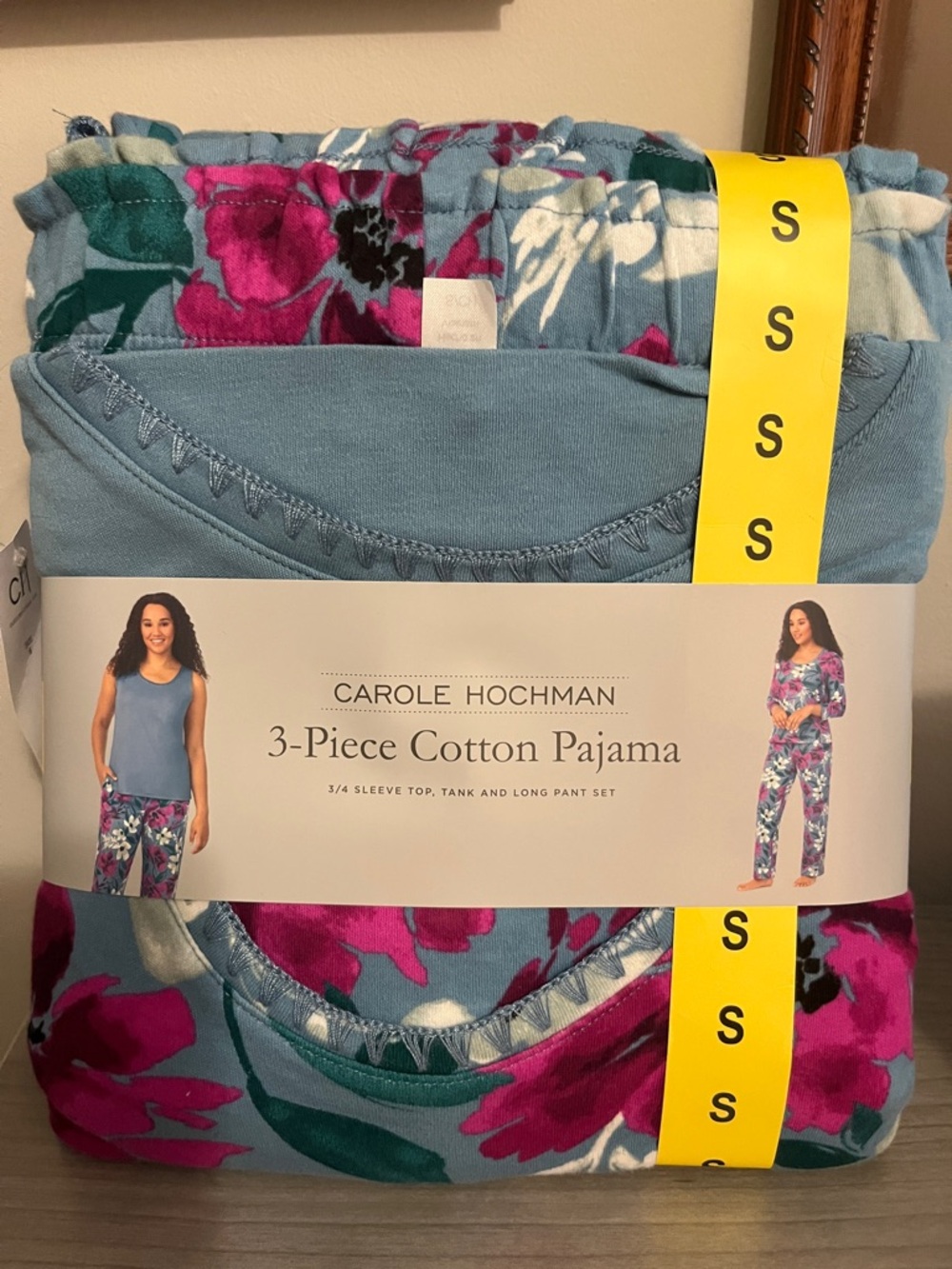 Midnight by Carole Hochman 3-Piece Cotton Pajama Set in Teal & Magenta Floral